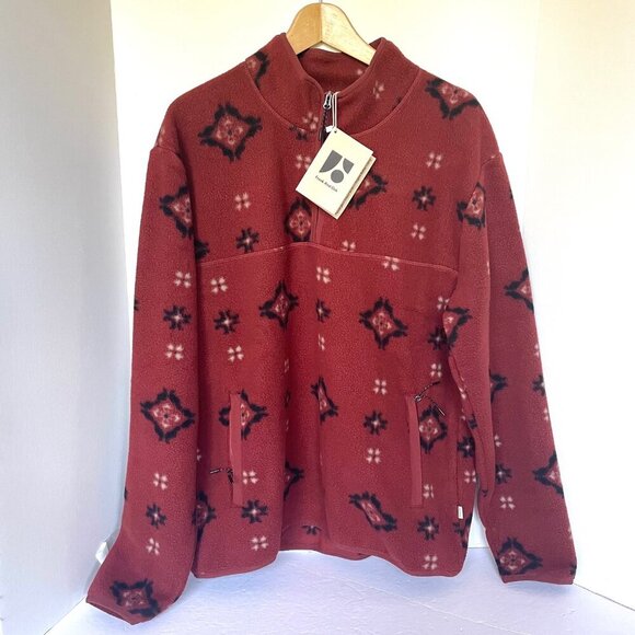 Frank And Oak Half Zip Polar Fleece Mens XL Red Sweatshirt Relaxed Fit Geo Print - Picture 2 of 7